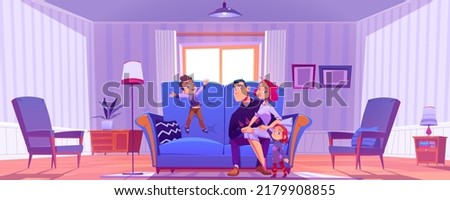 Happy family on couch in living room. Vector cartoon illustration of vintage house interior with couple sitting on sofa and cute kids. Mother, father, daughter and son relax at home together