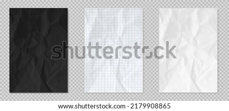 Crumpled paper effect, flyers, texture, posters. Black, white and notebook sheet with checks. Blank page templates, banners isolated on transparent background, Realistic 3d vector illustration, set