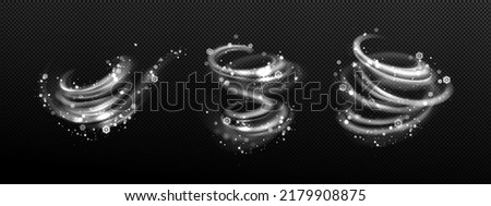 Winter wind effect with swirls and waves of white mist clouds with snow. Vector realistic set of blizzard, frost blowing air with snowflakes isolated on transparent background