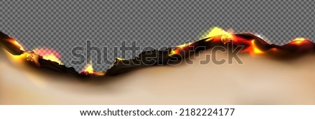 Burnt paper edge with fire and black ash isolated on transparent background. Vector realistic border with 3d scorched and smoldering brown paper page or parchment sheet with flame