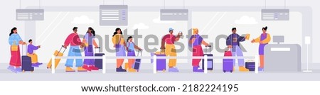 Queue in airport, people waiting in line for registration check in. Passengers characters with luggage prepare documents for passport control desk. Men, women, kids boarding Linear vector illustration