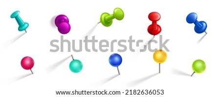 Push pins, color round pushpin and thumbtacks in different positions. Isolated stationery items, plastic paperwork accessories. Collection of needles for notes, schedule board Realistic 3d vector set