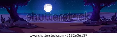 Cartoon nature night time landscape with forest trees, rocks and field under full moon shining in starry sky. Mysterious scenery background with dark rural meadow at twilight, Vector illustration