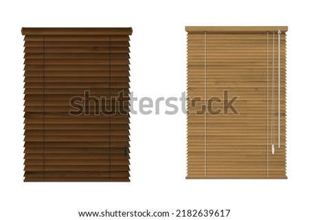 Window wooden rolling shutters, brown venetian blinds isolated on white background. Vector realistic set of wood jalousie curtains, louver shades for home or office interior Foto stock © 