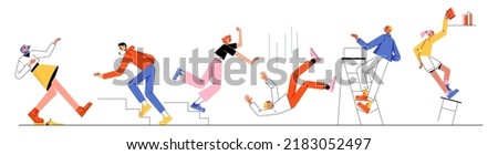 People stumble on stairs, fall down from high, ladder and stool, slip on banana peel. Vector flat illustration of men and women drop from staircase, slide on floor, falling