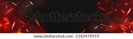 Red fire sparks overlay effect, burning campfire flame with ember particles flying in air at night. Abstract magic glow, energy blaze and shine on black background. Realistic 3d vector illustration