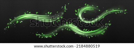 Abstract wind swirls with green leaves and sparkles isolated on transparent background. Vector realistic illustration of air vortex and wave with flying mint leaves