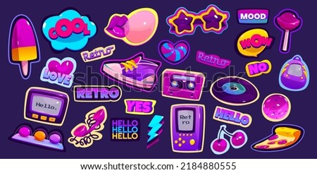 Retro stickers in 90s style. Comic badges with lips with bubble gum, pizza and gameboy. Vector cartoon set of cute icons of cassette, vinyl record, candies, sunglasses and sneakers