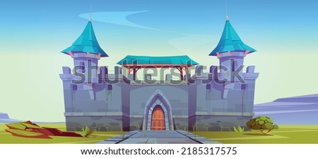 Medieval castle with gates, stone brick walls and blue roof. Summer landscape with old fortress with towers, wooden doors and stone road on green meadows, vector cartoon illustration