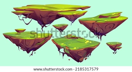Green rocky flying island isolated cartoon illustration set. Colorful vector image of floating land pieces. Fantasy summer landscape ground pieces hanging in air, game design collection