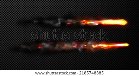 Missile effect, rocket fire trails with black smoke, spacecraft startup launch, space jet flames. Realistic 3d vector airplane take off or ballistic burst tracks isolated on transparent background