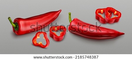 Red chili pepper, hot spicy plant pods, paprika cayenne with green stem vector realistic illustration isolated on transparent background. Chopped ripe vegetables with shadow