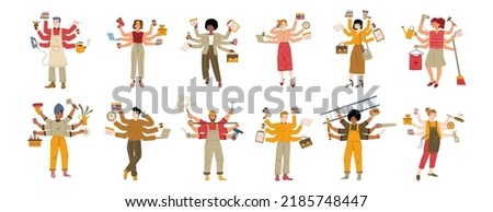 Busy multitasking characters, diverse business men, women housewife, handyman, wife or husband with many hands hold working tools. Multitask, home and office workload Line art flat vector illustration