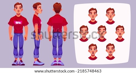Standing man in front, side and back view and his face with different emotions. Vector cartoon illustration of guy smile, cry, laugh, sad, angry and scared. Male character facial expression set