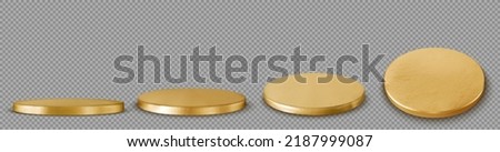 Gold round podium, luxury platform for winner or product show in different angles view. Golden circular stage, stand for exhibition isolated on transparent background, vector 3d. 3D Illustration