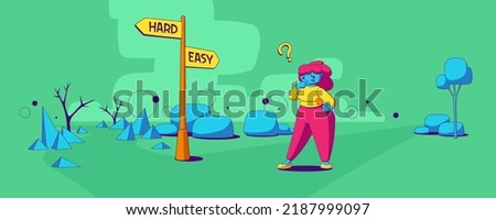 Female character choosing between hard and easy ways, contemporary cartoon illustration. Woman standing on road fork, thinking over decision. Straight smooth, curvy difficult paths ahead. Vector image