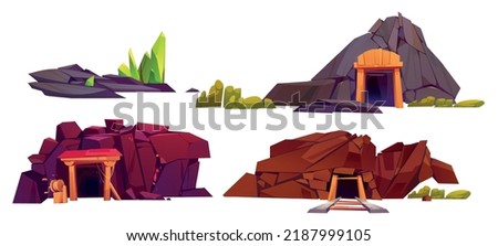 Cartoon mine entrance set isolated on white background. Vector illustration of old cave in mountain with minecart railway, wooden support, rocky stones lying on ground. Adventure game design elements
