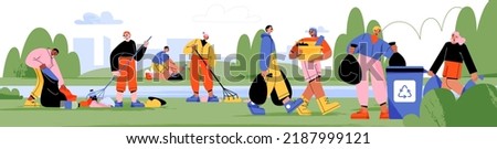 Volunteers collect trash in city park, people clean up garbage. Characters put litter in recycling bins and sacks, ecology, nature protection and social charity concept, Line art vector illustration