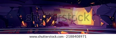 Gold mine tunnel inside view, cave with railway, golden shine, precious ingots and nuggets in rocks and stone shaft walls. Cartoon game background, mining quarry lndscape, 2d Vector illustration