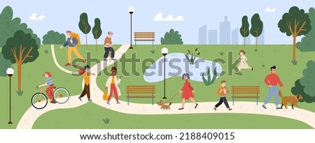 People walk with dogs, ride on bike and rest in park. Summer landscape of city garden with delivery man, girl on bicycle, guy with guitar, student boy and senior adult person, vector illustration