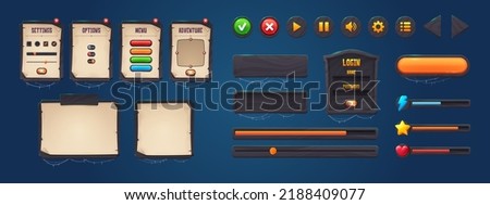 Old wooden boards with buttons, menu, assets and frames for game interface design. Vector cartoon set of ui elements in Halloween style, panels with settings, options, sliders and bars with spiderweb
