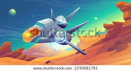 Spaceship take off from alien planet, space shuttle flying over landscape with rocks and green sky. Interstellar travel, cosmos or universe exploration, fantasy game scene, Cartoon vector illustration