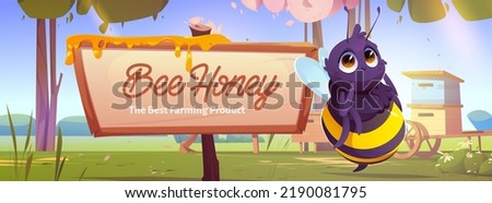 Banner with cute bee near wooden signboard with dripping honey on apiary at forest meadow with beehives, trees and blooming flowers at sunny summer day landscape, Cartoon vector farm product ads promo Foto stock © 