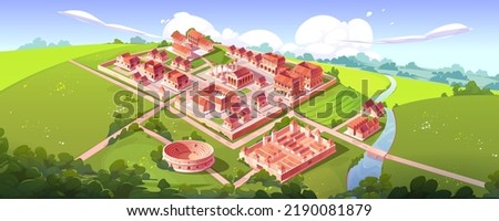Rome isometric landscape with antique city building on hill vector cartoon game background. Capitol temple and basilica with square, roman forum, taberna and insula, military camp, river with bridge