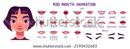 Asian girl mouth animation sprite sheet. Child lips poses in pronunciation different english phoneme and different emotions. Vector cartoon set of kid brows and mouth movement