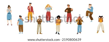 Afraid, scared people in shock, panic and stress. Diverse persons with terrified, frightened, surprised and nervous face expression isolated on white background, vector flat illustration