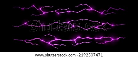 Ground cracks with purple light inside top view. Vector cartoon texture of horizontal breaks in land surface with magic glow or lightnings isolated on black background.