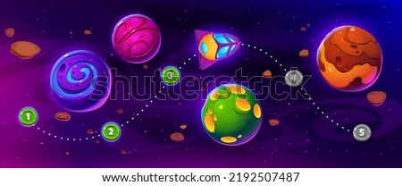 Space game ui level map with shuttle flying at alien planets. Arcade with spaceship, rocket interstellar travel in outer cosmos or Universe, extraterrestrial fantasy scene, Cartoon vector