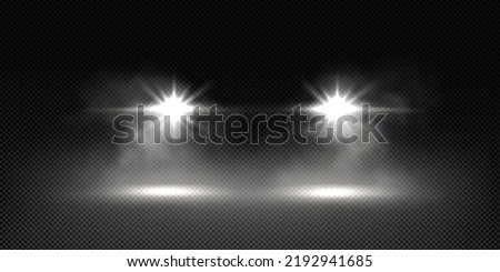 Car headlights, automobile front view light overlay effect. Glowing headlamps, vehicle lamps and smoke, transport at night isolated on transparent background, Realistic 3d vector illustration