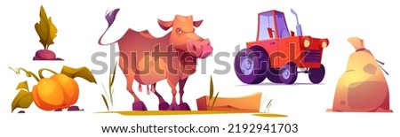 Farm, agriculture and farming items isolated set. Cow, tractor, sack with flour, ripe pumpkin and beetroot isolated elements on white background. Cattle or gardening Cartoon vector illustration