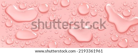 Collagen or water drops on pink background, beauty product, moisture, skincare spill puddles top view, scatter aqua liquid splashes. Skin care cosmetic hydration spots Realistic 3d vector