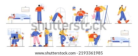 Man routine, daily life, schedule habits set. Male character sleep, brushing teeth, exercising, eat breakfast, dress up, go at job, work in office, shopping, relax, Line art flat vector illustration Foto d'archivio © 