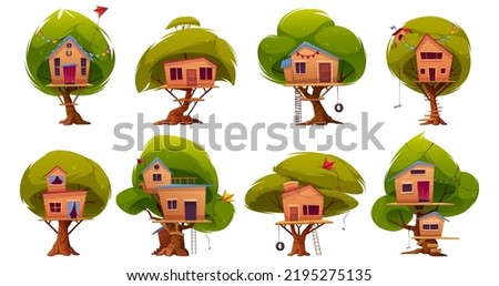 Wooden tree houses with ladder and swing for children. Treehouses for summer park, garden, backyard or kids playground isolated on white background, vector cartoon set