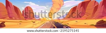 Tornado at desert road cartoon nature landscape. Wind storm with air funnel at highway with cracked asphalt along sand dunes and rocks perspective view. Dangerous whirlwind twister Vector