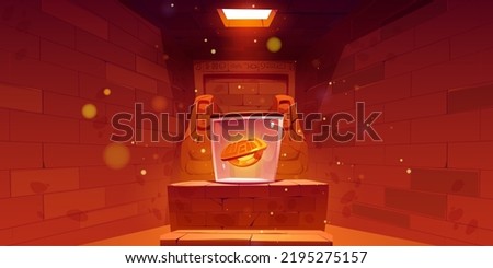 Egypt temple or treasury interior with golden ring asset. Pyramid tomb room with brick wall, statues, hieroglyphs and hatch on ceiling. Ancient Egyptian history game level Cartoon vector