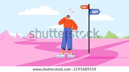Man stand on crossroad fork with pointer show hard and easy directions. Character making decision what road to choose. Business challenge, task solution, choice way, Line art flat vector concept
