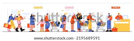 People queue in supermarket. Customers with goods in trolleys stand in line at shop with saleswoman on cashier desk. Grocery, shopping, sale, buys and food purchases, Line art flat vector