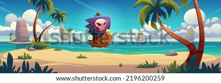 Sea lagoon with wooden pirate ship with black sails with skull. Tropical island sand beach landscape with palm trees, mountains and corsair boat on water, vector cartoon illustration