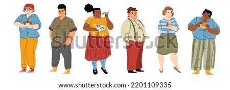 Set of fat people eating fast food isolated on white. Obese male, female characters consuming sweet, junk snacks. Unhealthy diet and overweight problem. Body positivity. Flat vector illustration