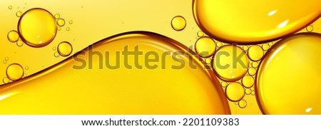 Oil drops texture, omega bubbles, gold liquid skincare, essential droplets. Background with transparent yellow dribs of different shapes. Realistic 3d vector honey, syrup or juice blobs close up view