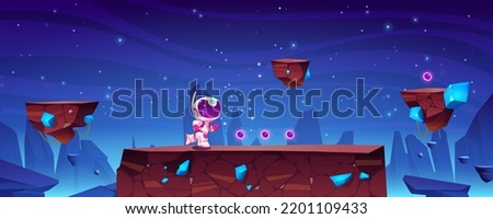Space game with astronaut on alien planet landscape. Mobile arcade with cute cosmonaut jump on rock platforms collecting bonus and asset items in cosmos cartoon 2d gui adventure, Vector illustration
