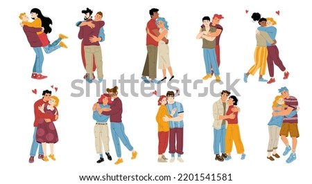 Set of people hug, love, homosexual or heterosexual couples embrace. Happy male and female characters hugging, embracing. Family, friends or lovers showing care Cartoon linear flat vector illustration