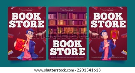 Book store banners with young man and shelves with literature. Vector advertising posters of bookstore with cartoon illustration of character in glasses in shop