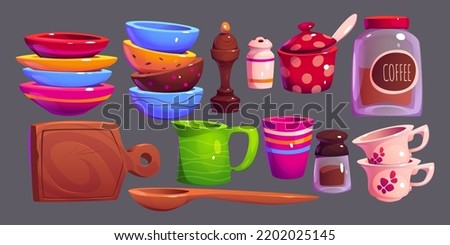 Kitchen utensil and supplies, isolated vector set of ceramic or clay cups, plates, glass coffee jar, salt, wooden spoon, pepper pot, seasonings, cutting board, sugar bowl, Cartoon illustration, icons