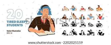 Tired sleepy students at desk with books and laptops. Diverse young characters feel tiredness, bored, yawn and sleep, vector hand drawn collection of persons in color and black and white style