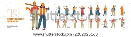 Construction workers set, repair service employees, builders, repairmen and renovation foremen. Male and female characters in uniform with professional tools Isolated line art flat vector illustration